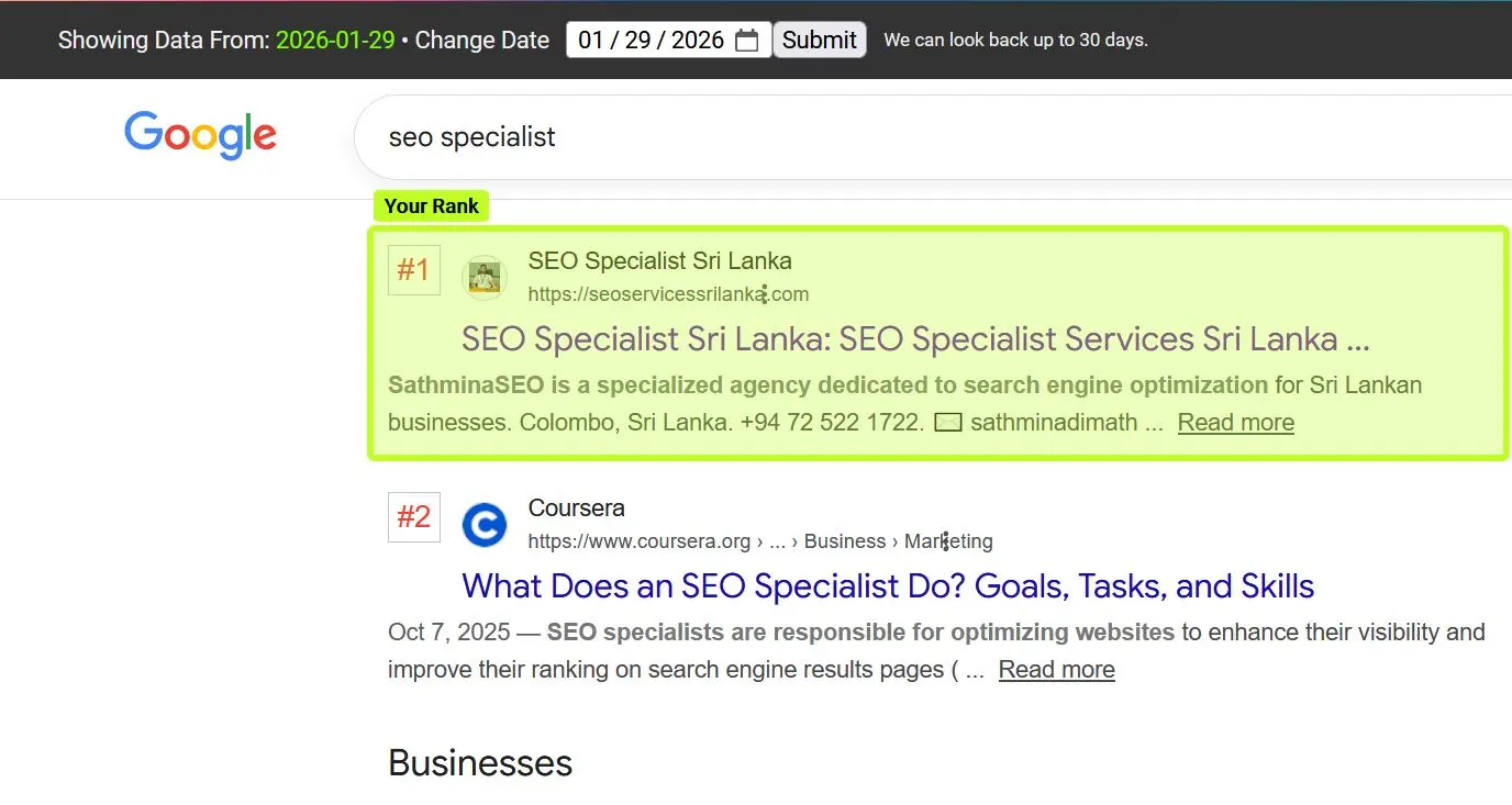 Organic search results showing Sathmina Dissanayake ranking #1 as an SEO Consultant and Specialist.