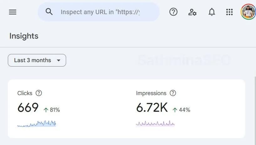 Google Search Console snapshot for an anonymized Sri Lankan PTE coaching provider showing 669 clicks and 6.72K impressions over the last three months.
