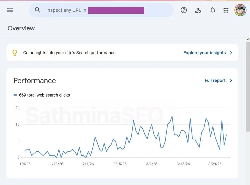 Google Search Console growth chart for an anonymized Sri Lankan PTE coaching provider showing rising daily web search clicks through the campaign period.