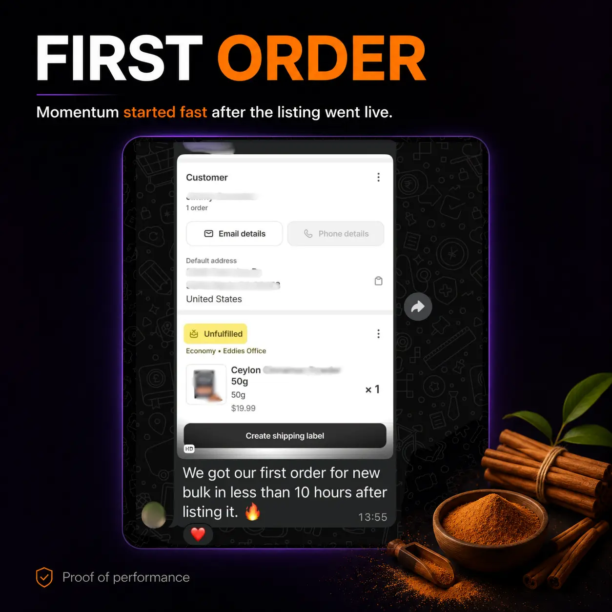 Anonymised order and client message showing the first cinnamon product order within ten hours of listing