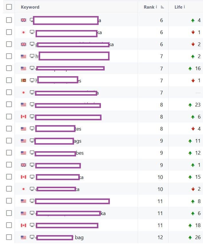 Continuation of a redacted keyword tracker showing international coco peat export keywords ranking between positions six and twelve across several Google markets.