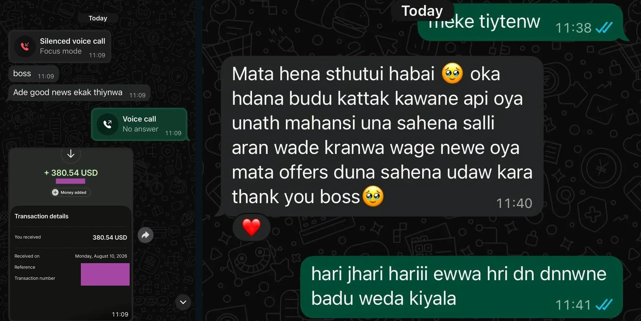 WhatsApp messages from the client sharing the first order payment of 380.54 US dollars received on 10 August 2026, followed by a message in Sinhala thanking Sathmina for the work and support.