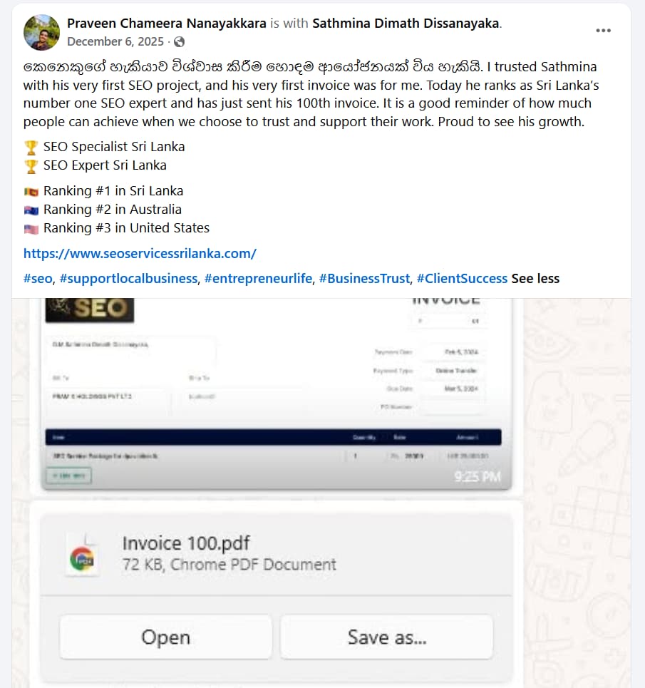Facebook post by Praveen Chameera Nanayakkara saying he trusted Sathmina Dissanayake with his first freelance SEO project and first invoice.
