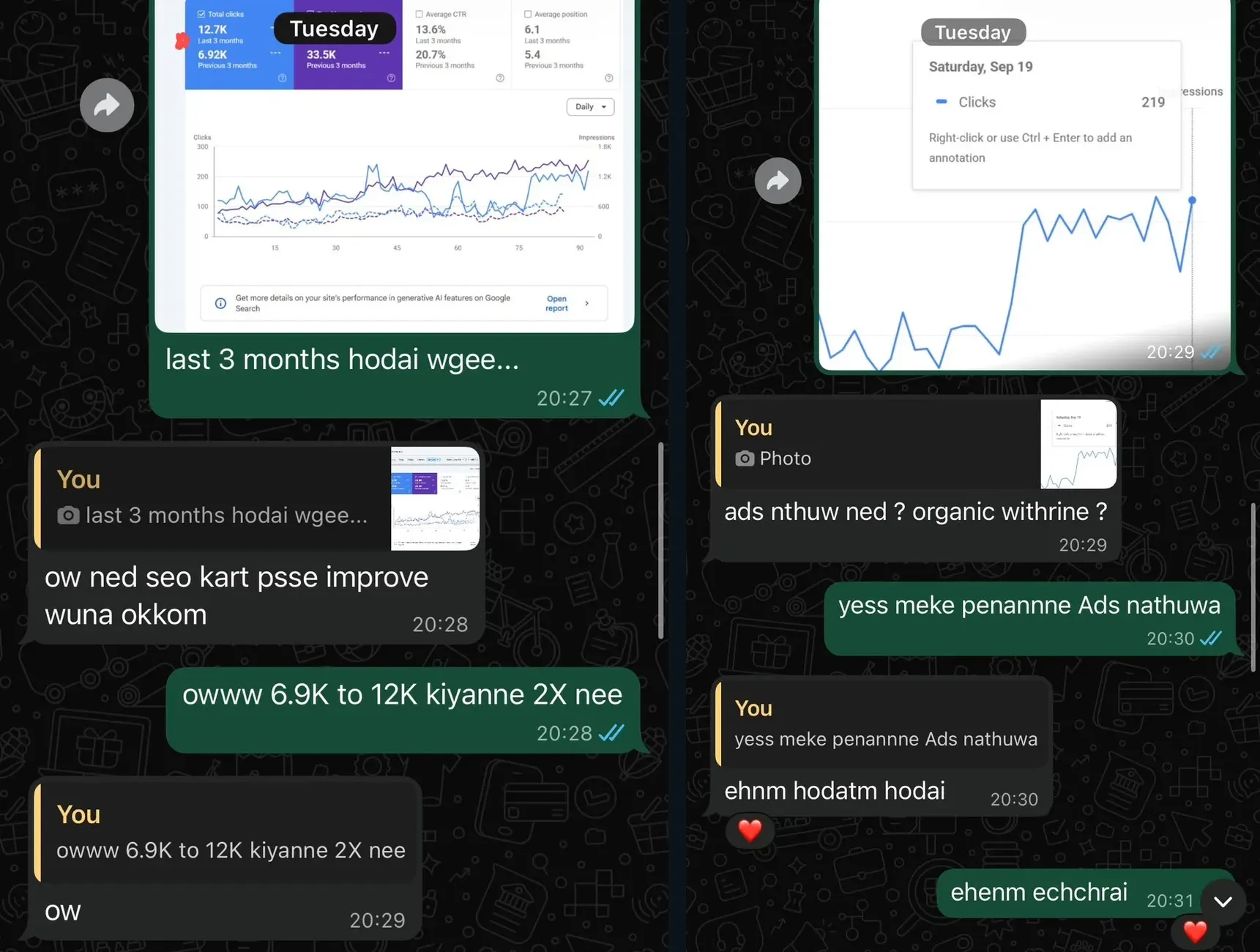 WhatsApp conversation in Sinhala in which the client confirms that everything improved after the SEO work and that the growth came from organic search without ads.