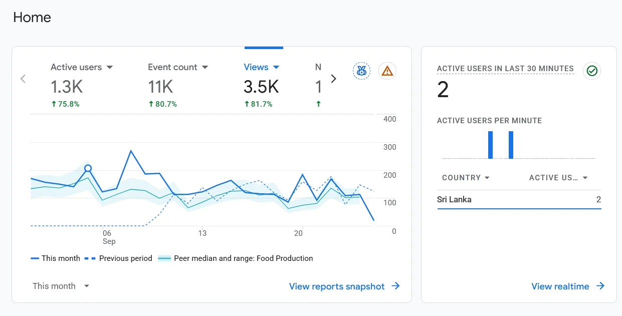 Google Analytics 4 overview for an anonymised Sri Lankan tea exporter showing 1,300 active users this month, up 75.8 percent, and 3,500 views, up 81.7 percent, performing above the peer median for food production.
