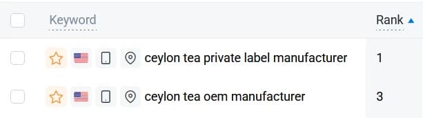 US mobile rank tracking for an anonymised Sri Lankan tea exporter showing position 1 for ceylon tea private label manufacturer and position 3 for ceylon tea oem manufacturer.